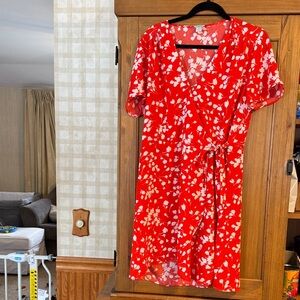 J. Crew Vivid Red Floral Wrap Midi Dress